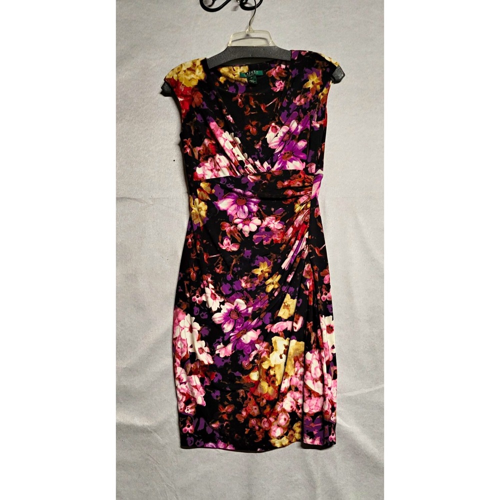 Lauren Ralph Lauren Black Purple Floral V-Neck Sheath Dress Size 2P